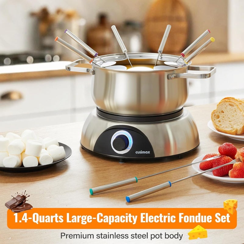 CUSIMAX Electric Fondue Set, 1500W Electric Fondue Pot with Luminous Control Dial, 8 Colour Coded Stainless Steel Forks, For Chocolate, Cheese, Broth, Oil, Stainless Steel Fondue Maker, 1.4Quart - Image 4